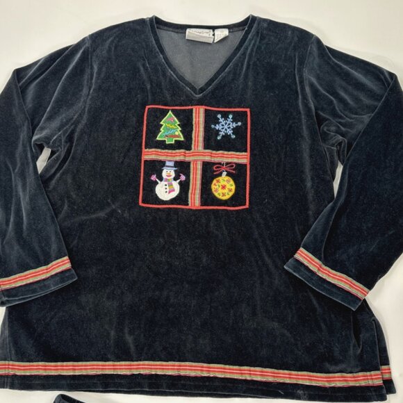 MICHAEL SIMON Womens Pant Suit Set Black Velour Christmas Embroidered Holiday - Picture 1 of 16